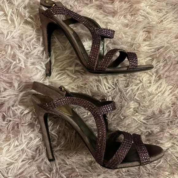 Roberto Cavalli Women Purple Suede Crystal Embellished Strappy Sandal Heel 37 7 - Picture 6 of 16